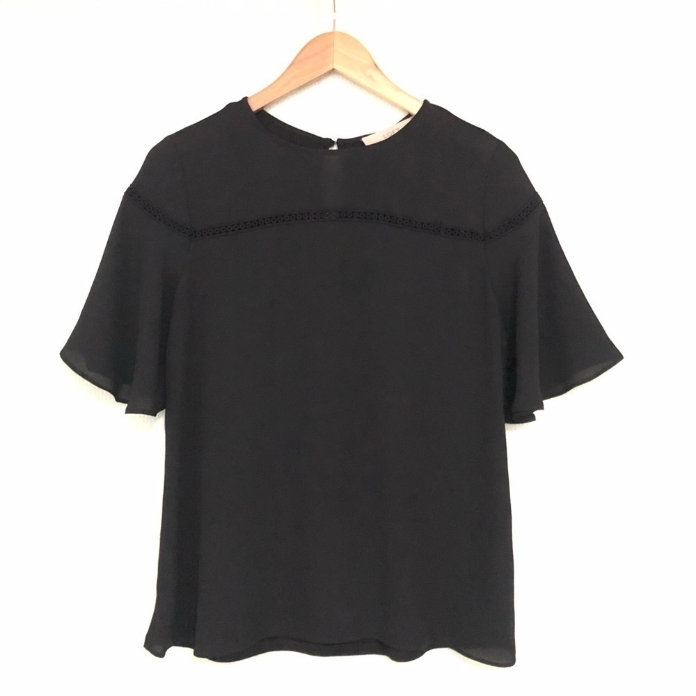 Loft Black Chiffon Front Top w/ Flutter Sleeves EUC Women's Small